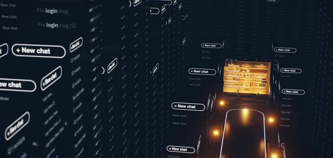 Towers of chat windows that all say New chat. At the end of a lit road, one small office with its lights on.