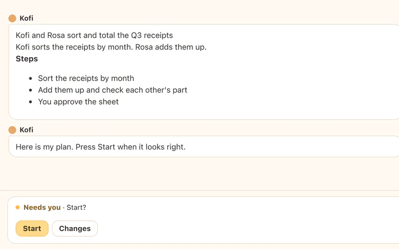 Kofi's plan: Kofi sorts the Q3 receipts by month and Rosa adds them up. A Start button waits.
