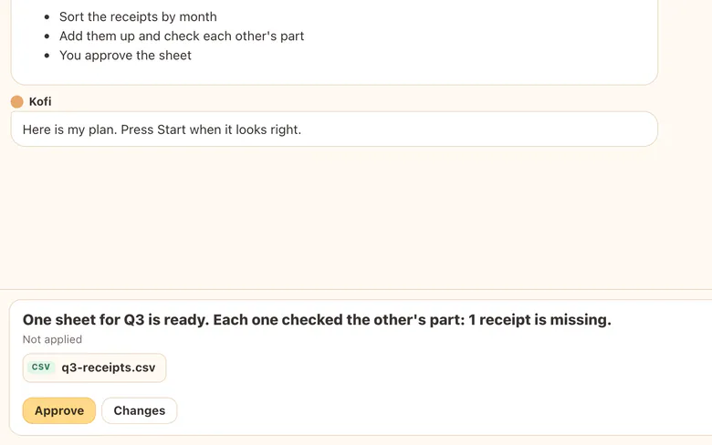 One sheet of the Q3 receipts waits for your review, with an Approve button.