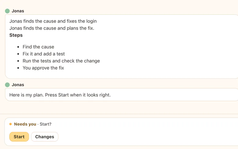 Jonas's plan to find the cause and fix the login bug. A Start button waits.