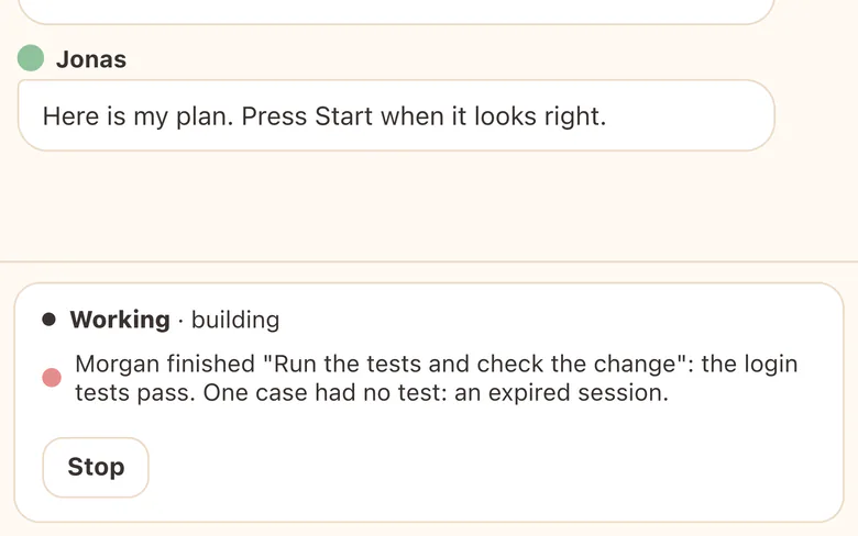 Morgan's check of the fix is done: the login tests pass, and one missing test is found.