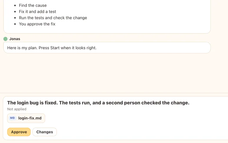 Jonas's login fix, tested and checked, waits for your review with an Approve button.