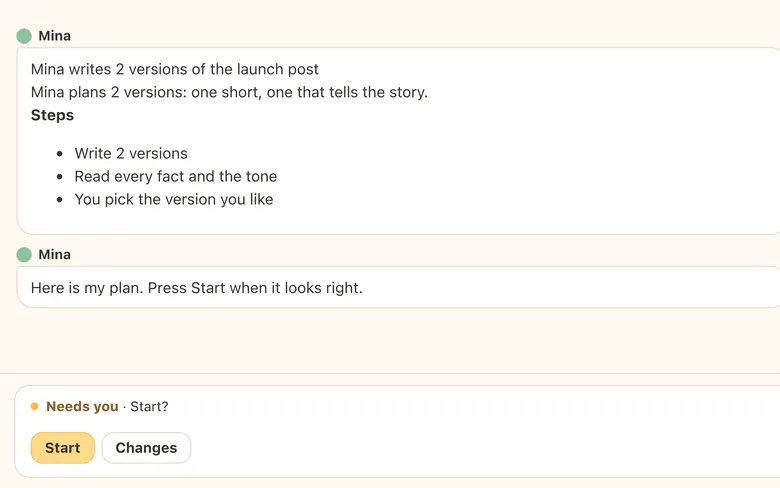 Mina's plan for 2 versions of the launch post, one short and one that tells the story. A Start button waits.