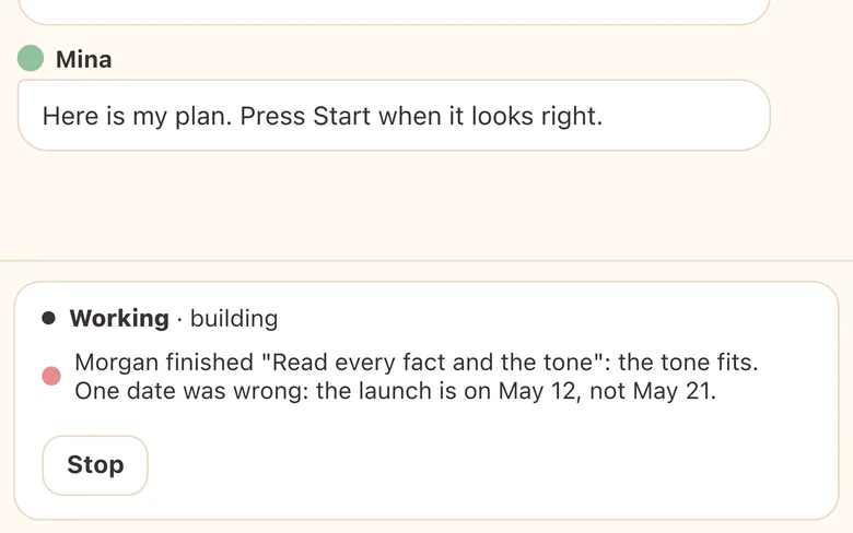 Morgan's check of the launch post is done: the tone fits, and one wrong date is caught.