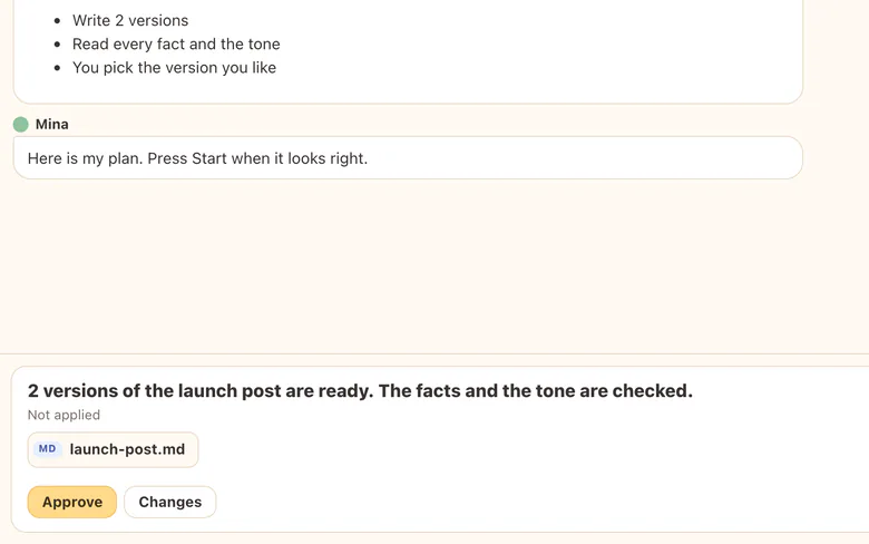 Mina's launch post waits for your review, with an Approve button.