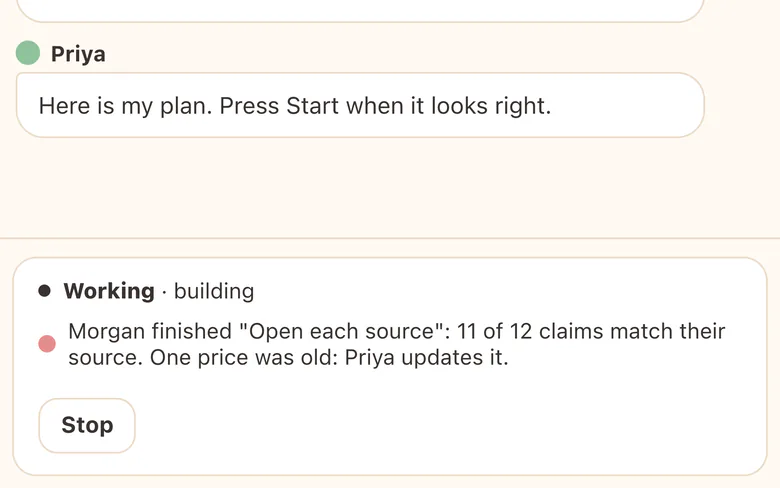 Morgan's source check is done: 11 of 12 claims match, and one old price is caught.