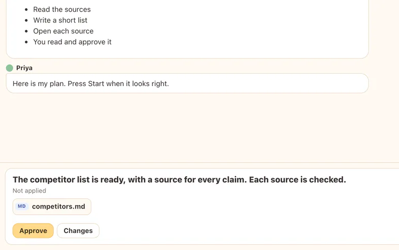 Priya's competitor list, with a source for every claim, waits for your review with an Approve button.