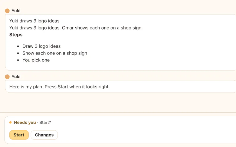 Yuki's plan: Yuki draws 3 logo ideas and Omar shows each one on a shop sign. A Start button waits.
