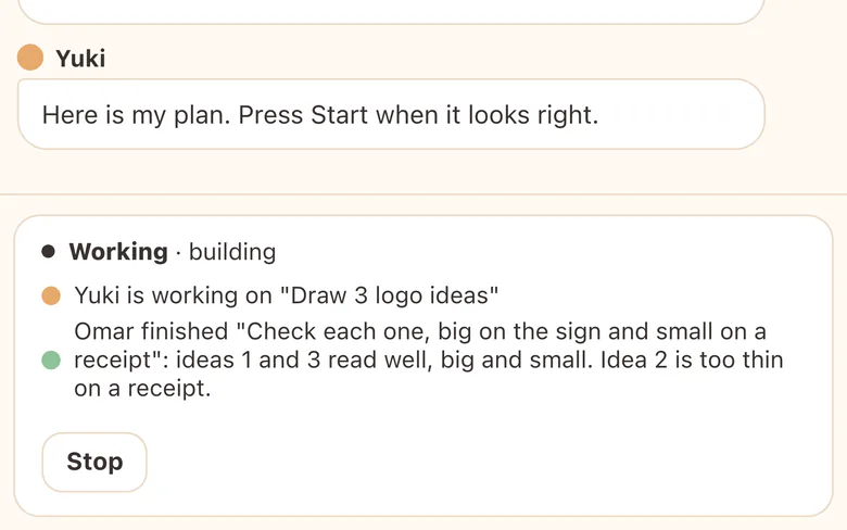 Yuki works on the logos. Omar's check is done: idea 2 is too thin on a receipt.